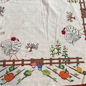 Vintage Tablecloth Cotton Hand-Painted Farm, Vegetable and Flowers